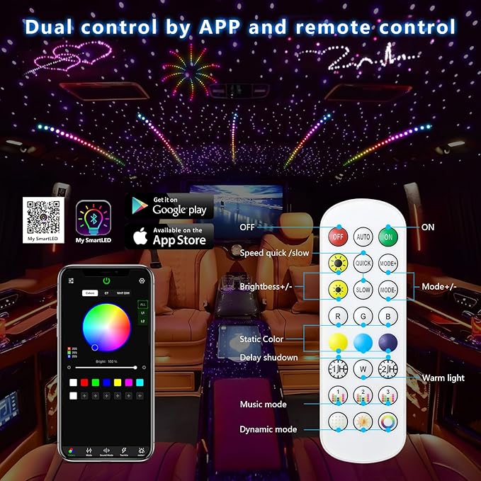 WEBUPAR 2PCS 3.2W 6LEDs Meteor Starlight Headliner Kit, 480pcs 0.01in 6.56ft, RGBW Shooting Stars Fiber Optic Lights with Bluetooth APP Control for Car/Home Theater