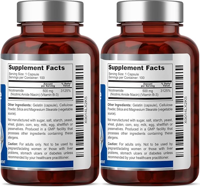 B-3 Nicotinamide 500 mg 100 Caps 2 Pack - Nicotinic Amide Niacin Natural Flush-Free Vitamin Formula - Supports Skin Cell Health