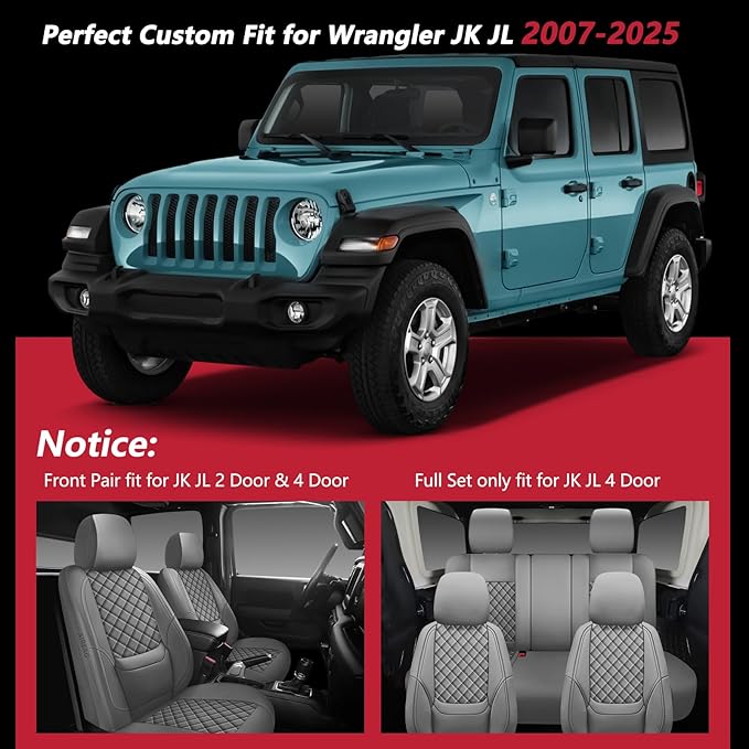 Wrangler Seat Covers 2007-2026 Full Set, Waterproof Leather Interior Sets with Lumbar Support Custom Fit for Jeep Wrangler JK JL 4 Door Unlimited Sahara/Sport/Rubicon X 392 Willys, Gray