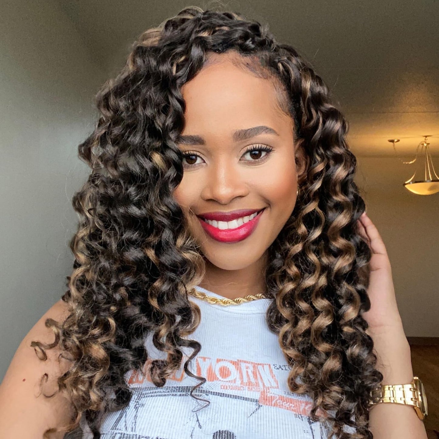 Toyotree Ocean Wave Crochet Hair - 12 Inch 8 Packs Brown Highlight 3 Tones Mid-Length Curly Deep Wave Crochet Hair, Synthetic Oc