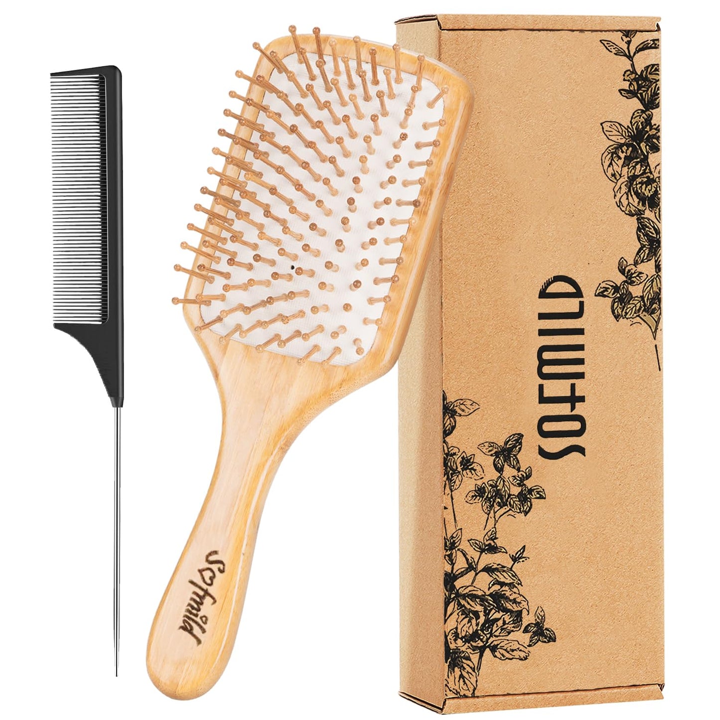 Hair Brush-Natural Wooden Bamboo Brush And Detangle Tail Comb Instead Of Brush Cleaner Tool, Paddle Hairbrush For Women Men And