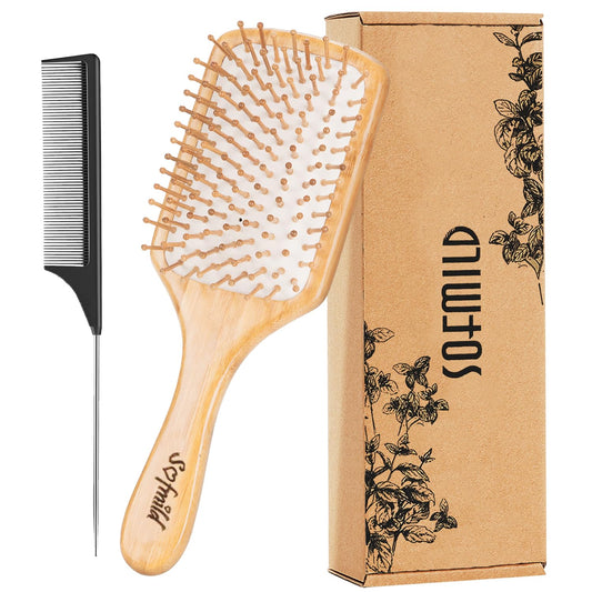 Hair Brush-Natural Wooden Bamboo Brush And Detangle Tail Comb Instead Of Brush Cleaner Tool, Paddle Hairbrush For Women Men And