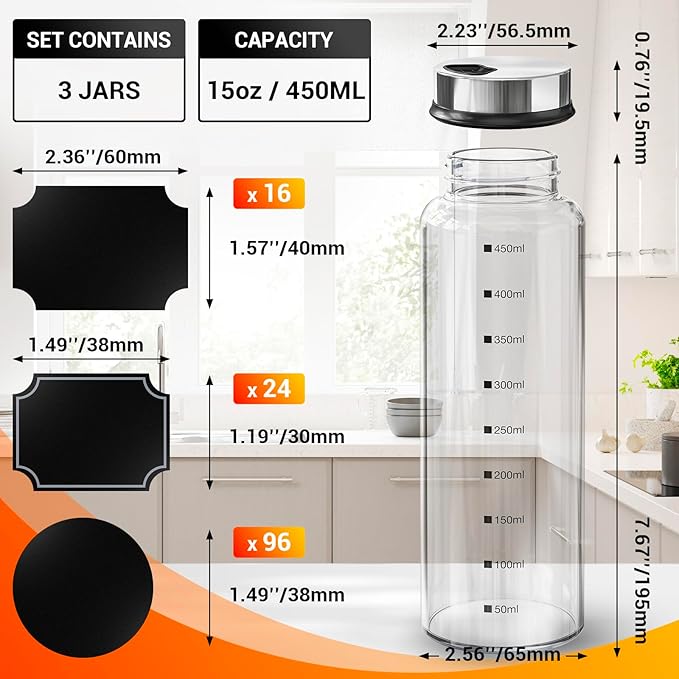 Segarty Spice Jar with Labels, 3 Pack 15oz Glass Spice Shakers with Adjustable Pour Lids, Clear Large Spices Bottles for Herb Salt Pepper, Condiment Containers with 136 Labels, 1 Marker Pen and Brush