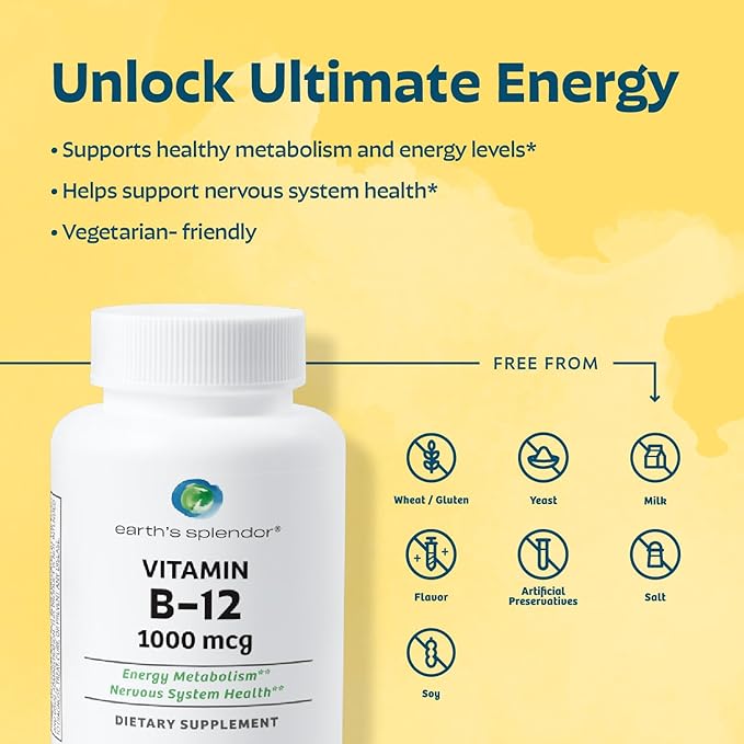 Earth's Splendor: Vitamin B12 & Calcium, Magnesium, Zinc Bundle. Gluten Free, No Artificial Flavors or Colors, Supports Energy Metabolism & Bone Health