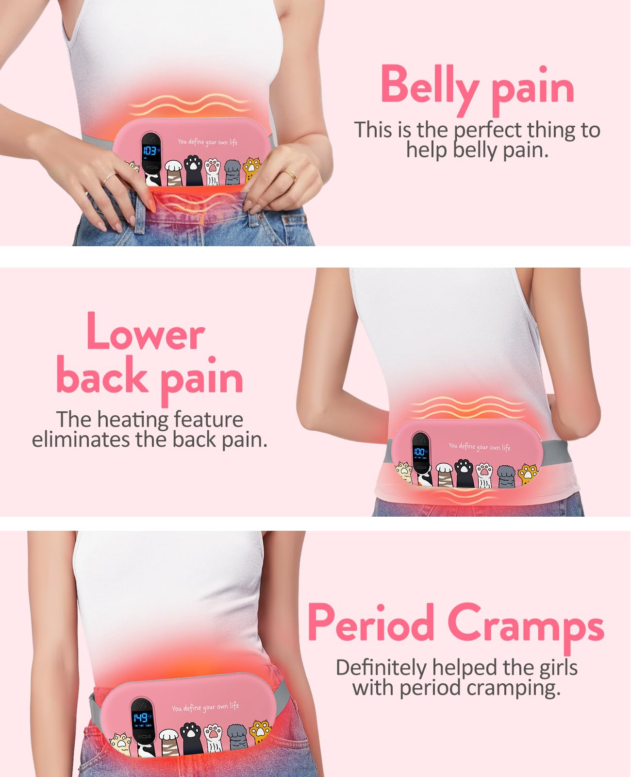 Portable Heating Pad for Period Cramps: Cordless Menstrual Heating Pad with 6 Heat Levels and 6 Massage Modes, 3s Fast Heating Gift for Women and Girl(Pink)