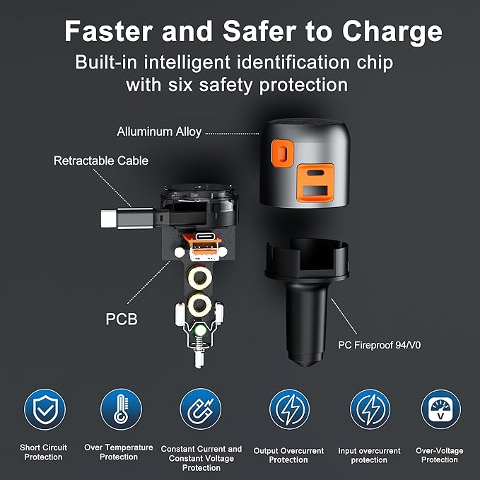60W Retractable Car Charger, 3-in-1 USB-C Fast Charging Cigarette Lighter Adapter with Built-in Retractable Cable, Compatible with iPhone 16/15 Pro Max, Galaxy S25, iPad – Orange