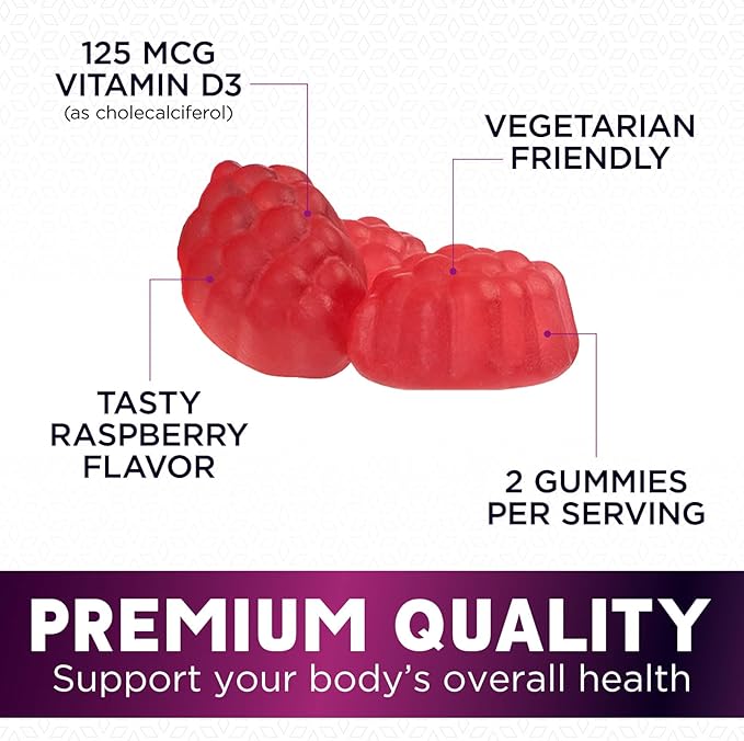 Vitamin D3 Supplement Gummy 5000 IU (125 mcg) Dietary Vitamins D for Men & Women - Bone, Teeth, Muscle and Immune Health Support, High Potency VIT D3 Nature's Non-GMO & Gluten Free - 60 Gummies