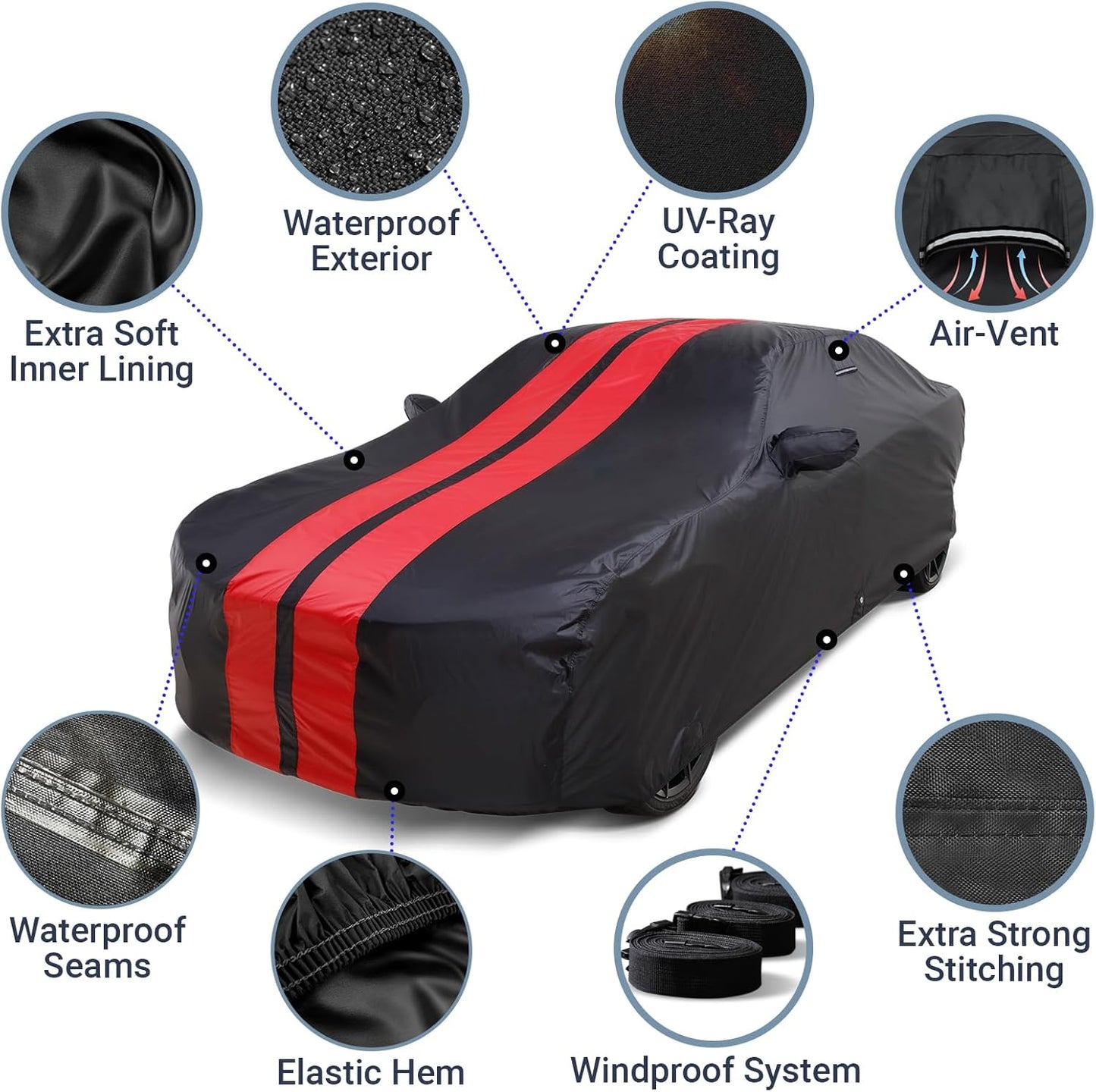 iCarCover Custom Car Cover for Pontiac Sunbird 4-Door (1988-1994) Waterproof All-Weather Rain Snow UV Sun Protector Full Exterior Indoor Outdoor Car Cover (Stripe - Black/Red)