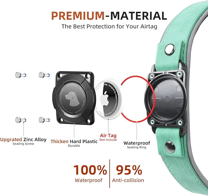 AirTag Dog Collar - Leather Dog Collar with Air Tag Holder | IPX8 Waterproof, Reflective, High - End, Adjustable Soft Padded | Dog GPS Tracker Collars Fit for Medium Large Dogs (Teal, L)
