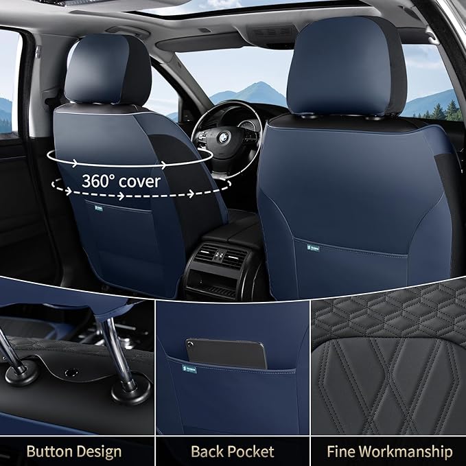 FLORICH Seat Covers Full Set Leather Cars Seat Cover Front and Rear 5 Seats Full Coverage Seat Cushion Protector Waterproof Automotive Interior Cover Universal Fit for Most Cars Trucks SUV, Black&Blue
