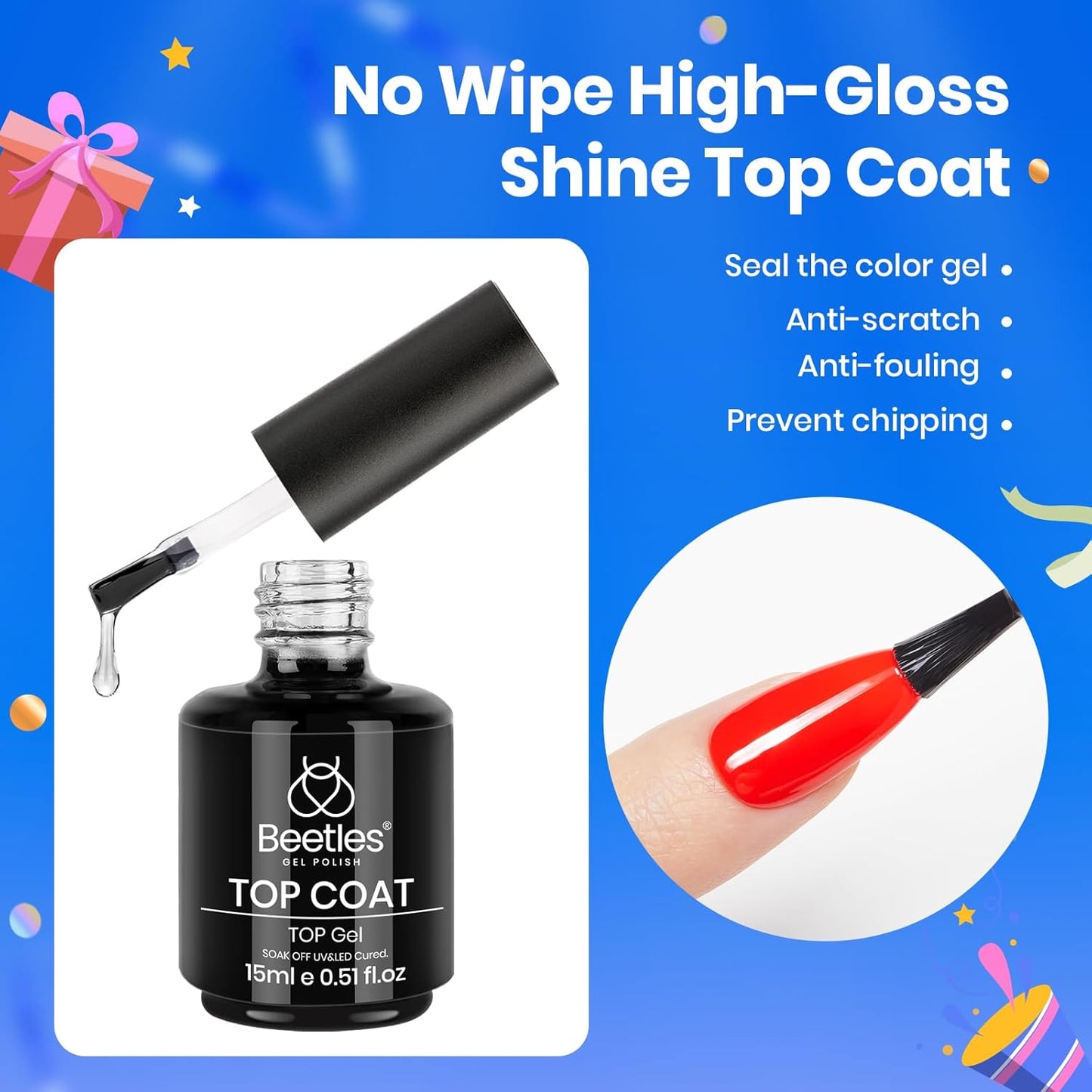 Beetles Gel Nail Polish Set – 3Pcs No Wipe Top Coat & Cuticle Oil | Glossy Shine