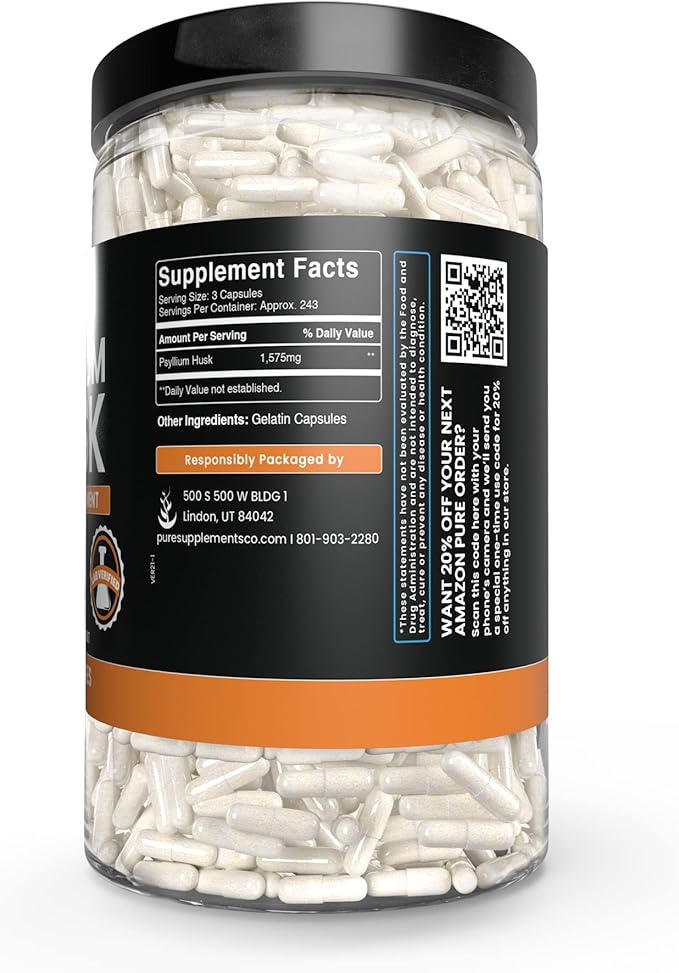 PURE ORIGINAL INGREDIENTS Psyllium Husk (730 Capsules) No Magnesium Or Rice Fillers, Always Pure, Lab Verified