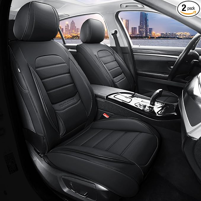 Front Car Seat Covers, 2Pcs Universal Leather Seat Covers for Cars, Full Coverage Waterproof Automotive Seat Covers, Breathable Front Seat Covers for Most Trucks, SUVs, Sedans, Black