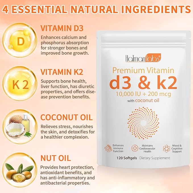 Vitamin D3 K2,D3 K2 Vitamin Supplement,Vitamin D3 and K2,D3 K2 Vitamin Supplement,Replenish Vitamin D3 K2 Coconut Oil Softgels (120)