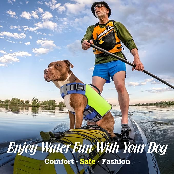 Pawaboo Reflective Dog Life Jacket, Dog Safety Vest Adjustable Pet Life Preserver with Strong Buoyancy & Sturdy Rescue Handle, Dogs Lifesaver Vests for Boating, Swimming, L, Bright Yellow