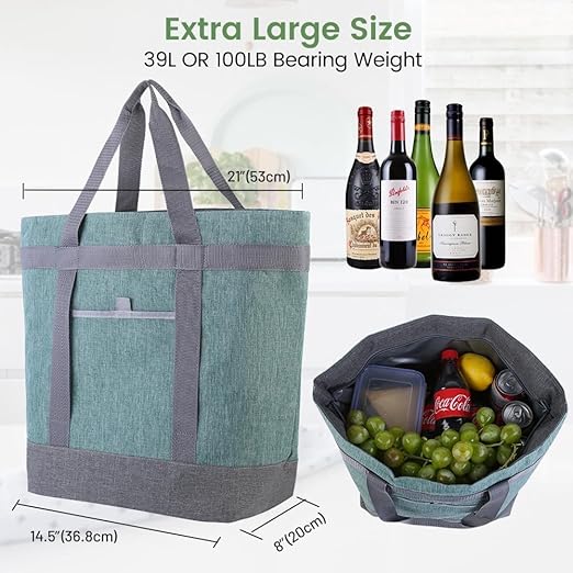 CIVJET Insulated Cooler Bag, 1PK Insulate Tote Bag for Grocery Shopping, Non-Waterproof Cooler Bags Insulated for Travel/Picnic, Pizza/Food Delivery Bag to Keep Food Cold/Hot (Cationic Cloth, Green)