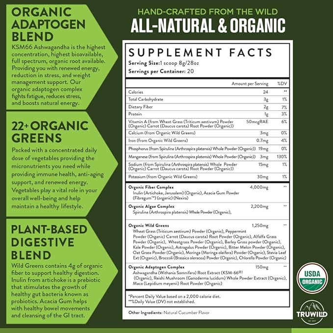 TruWild Greens Superfood Juice Powder, with 22+ Greens & Anti-Oxidants, Green Juice Powder, Natural Immune, Stress, Digestion Support, 40 Servings, 2 Pack