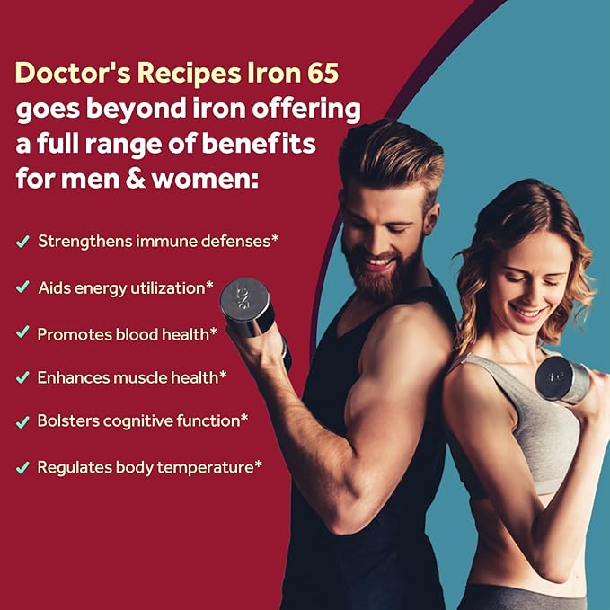 Doctor's Recipes Iron Supplement 65 mg with Vitamin C - Maximized Absorption & Stomach Friendly Iron Pills for Red Blood Cells Formation, Heart, Brain & Immunity Health - Vegan Non-GMO 90 Iron Tablets