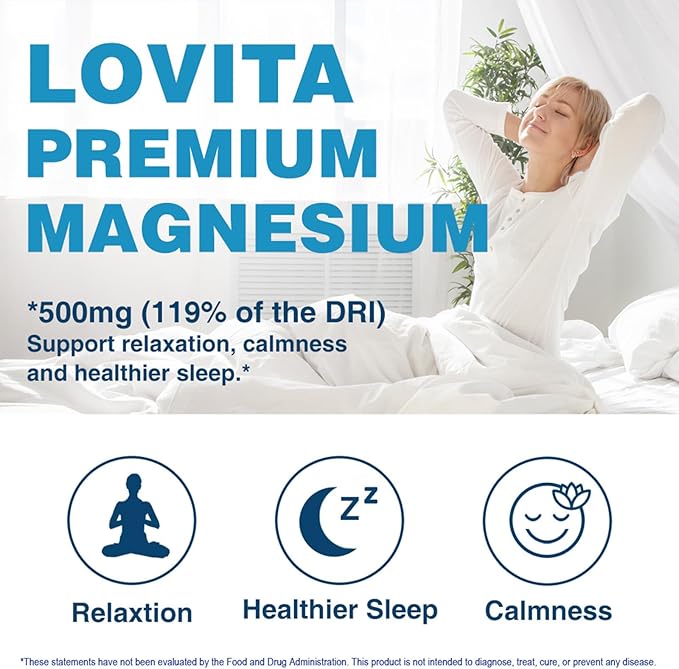 Lovita Triple Magnesium Complex 500mg, High Absorption and Potency Formula, Glycinate, Citrate & Oxide, Support Sleep, Relaxation, Heart, Nerves & Bone Health, 180 Vegan Capsules