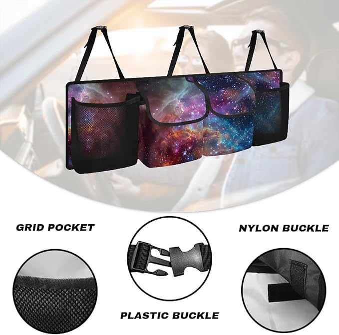 Galaxy Trunk Hanging Organizer, Backseat Bag, Car Interior Accessories with 2 Pockets & 2 Mesh Pouches for Groceries Storage Trunk Space for SUV, Jeep, MPVs