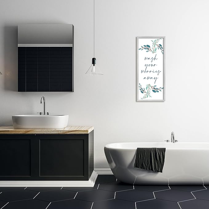 Stupell Industries Wash Your Worries Away Bathroom Phrase Blue Plants, Designed by Kim Allen Gray Framed Wall Art, 13 x 30