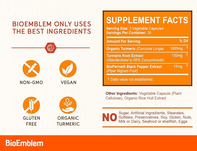BioEmblem Turmeric Curcumin Supplement with BioPerine | Joint Support & Heart Health | with Organic Turmeric Powder & 95% Curcuminoids Extract | California Made, Non-GMO, 30-Day Supply