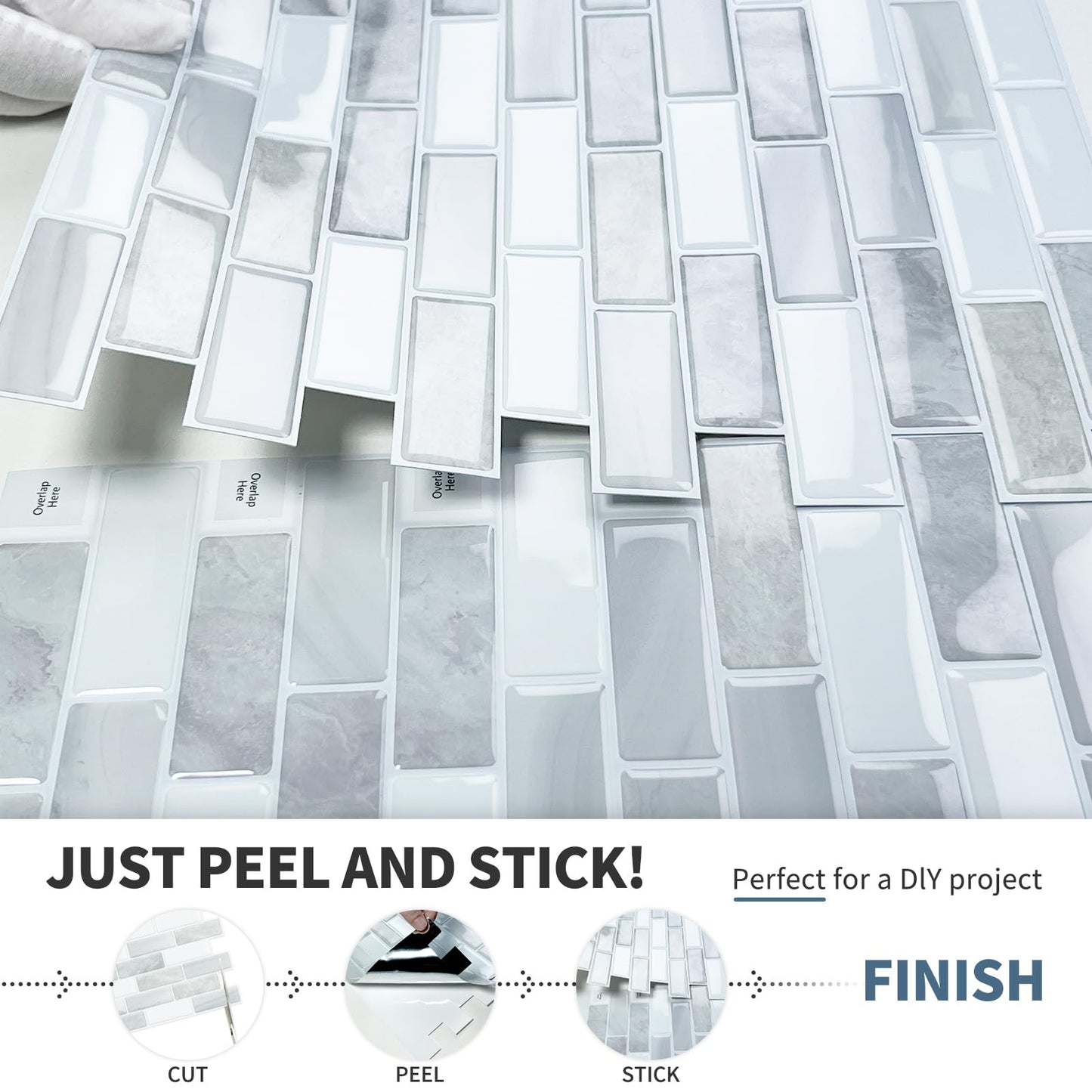 DEWOO Kitchen Backsplash Self Adhesive Wall 3D Marble Tiles Peel and Stick Bathroom, Grey (10-Sheet, 12"×12")