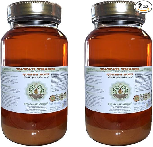 Queen's Root Alcohol-Free Liquid Extract, Queen's Root (Stillingia Sylvatica) Dried Root Glycerite Natural Herbal Supplement, Hawaii Pharm, USA 2x32 fl.oz