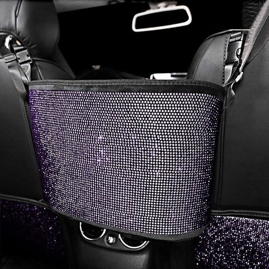 eing Crystal Car Organizers and Storage Purse Holder, Car Seat Back Net Handbag Accessories with Bling Diamonds for Women, Car Pet Barrier for Dogs and Kids, Purple