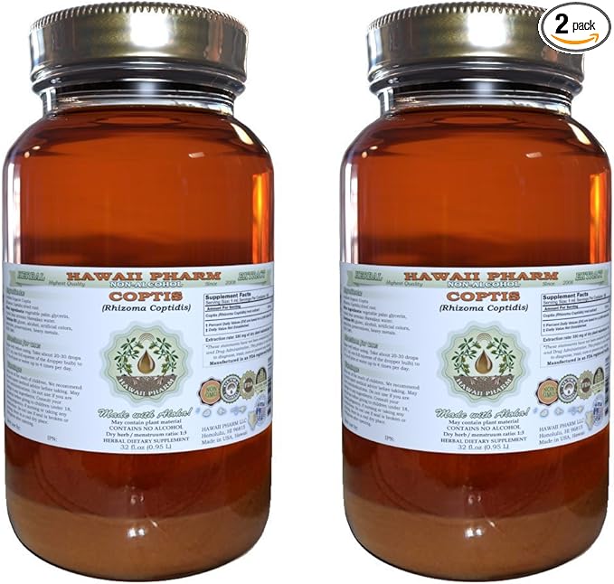 Coptis Alcohol-Free Liquid Extract, Coptis (Rhizoma Coptidis) Dried Root Glycerite Hawaii Pharm Natural Herbal Supplement 2x32 oz Unfiltered