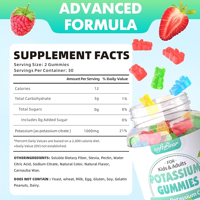 softbear Potassium Citrate Gummies, High Potency Potassium Citrate 1000mg Supports Leg Cramps & Muscle Health Potassium Gummies for Adults & Kids Mixed Fruit Flavor 60 Count