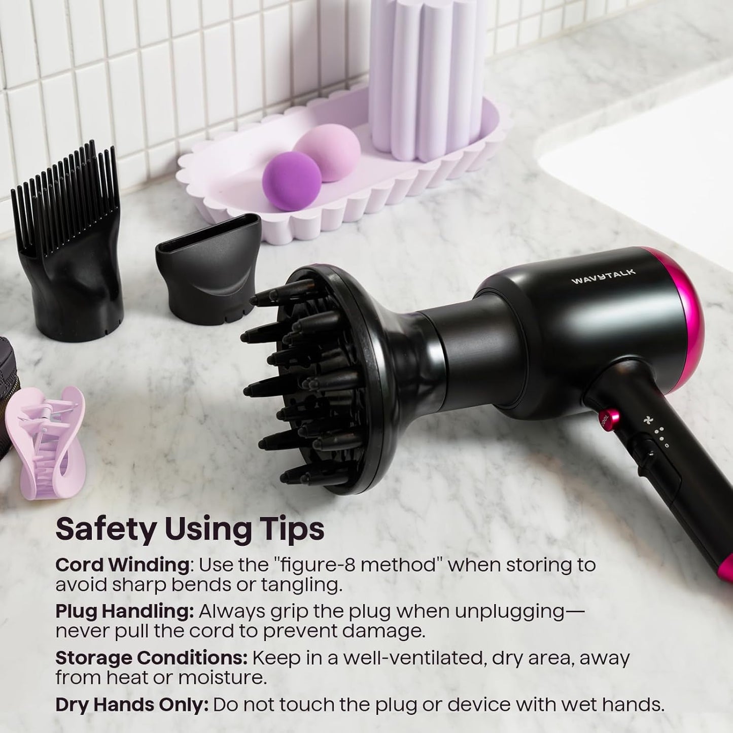 Ionic Hair Dryer for Curly Hair | 1875W Fast Drying | Diffuser & Attachments | Rose Gold