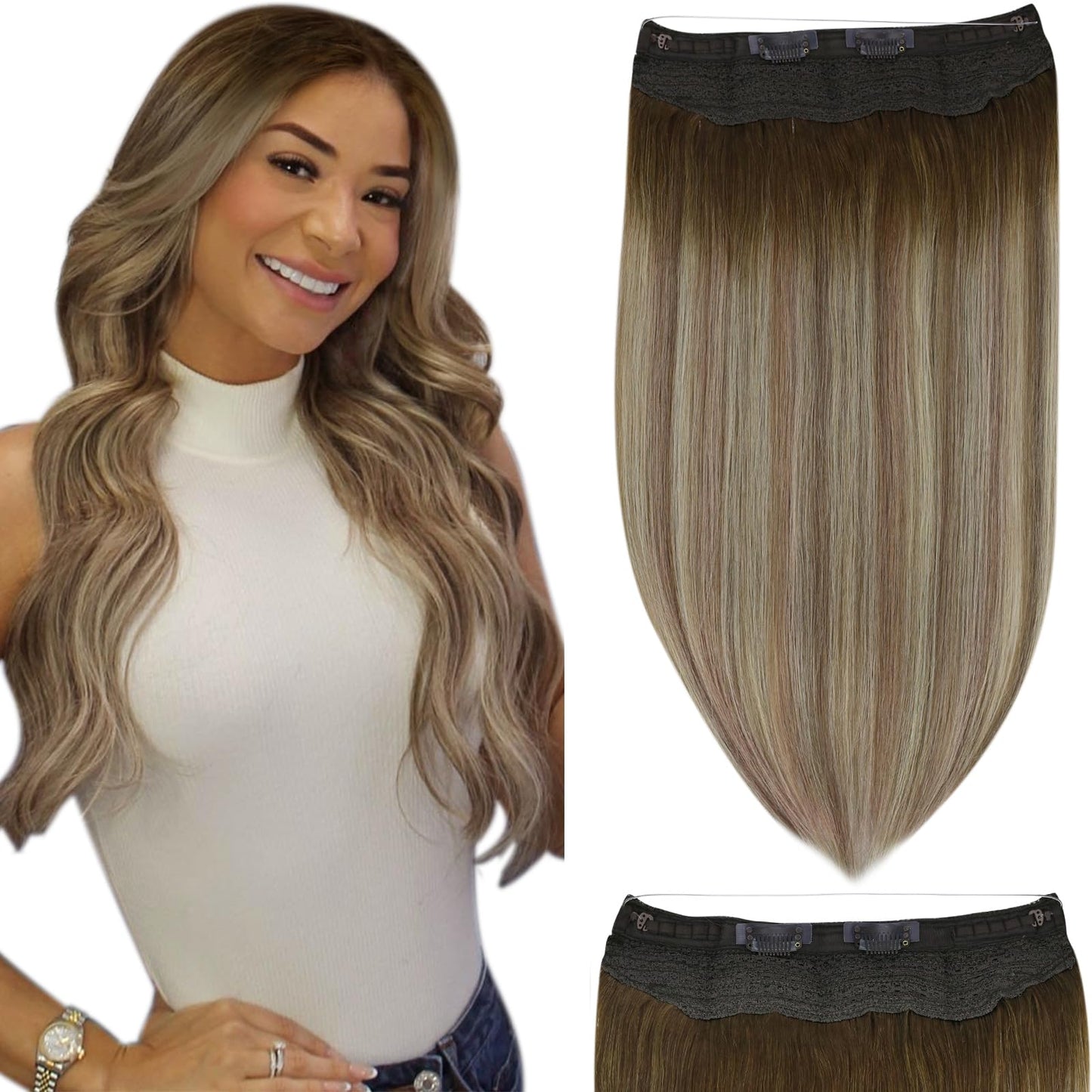 Fshine Invisible Wire Hair Extensions Secret Wire Human Hair Layered Hairpiece Dark Brown To Ash Brown And Blonde Clip In Hair E