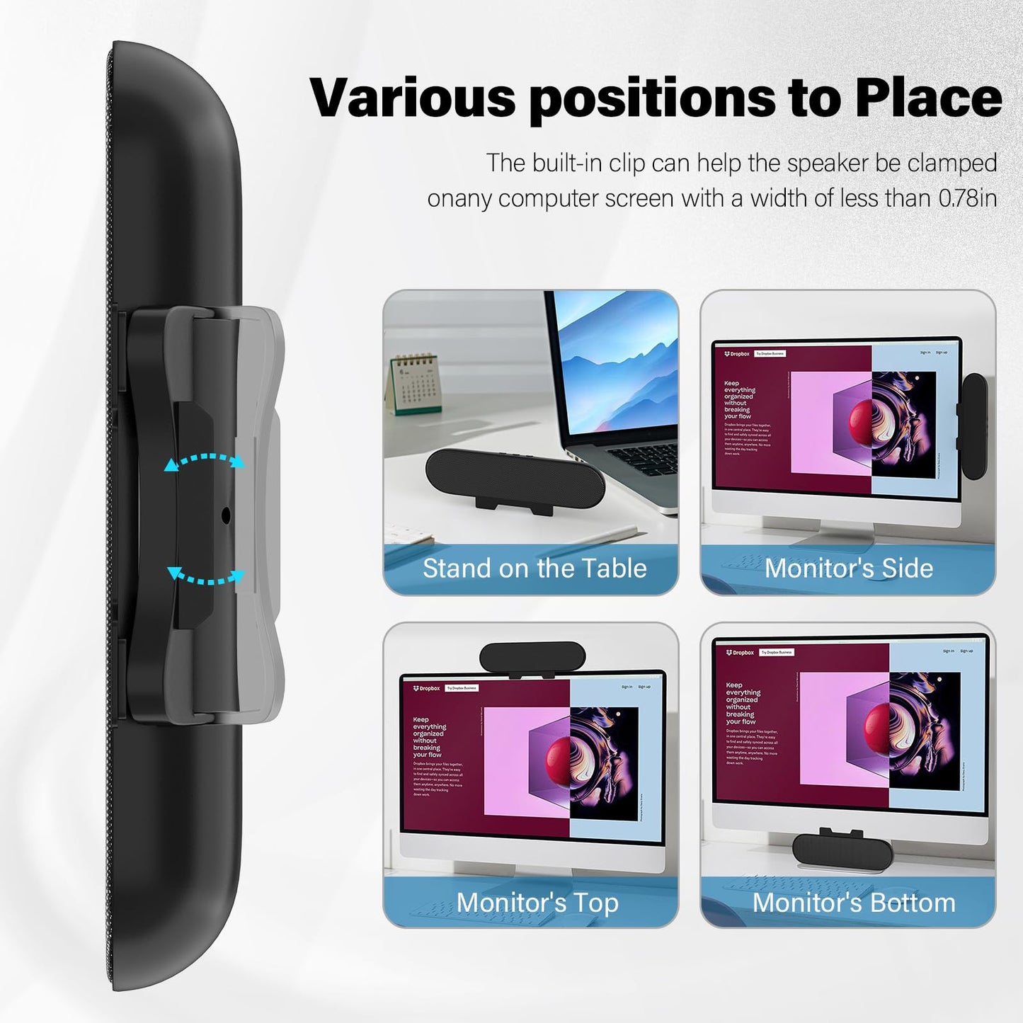 LXTNFU Computer Speakers for Desktop Monitor,Single Speakers for Desktop PC,Laptop Speaker with Loud Sound,Volume Control Easily Clamps to Monitors(USB-C to USB Adapter Included) (Black)