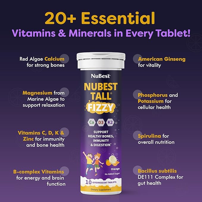 NuBest Tall Fizzy - Bone Strength, Immunity, Digestive Health for Kids & Teens | Probiotic, Calcium, Magnesium from Red Marine Algae, Vitamin D3, K2 & Zinc | 10 Orange Effervescent Tablets - Ages 4+