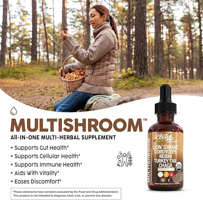 Mushroom Supplement Liquid Drops with Lions Mane Turkey Tail Cordyceps Reishi Chaga Shitake Maitake Tremella Oyster Mushrooms Poria Supplement and Enokitake Mushrooms Complex Blend by Clean Nutra