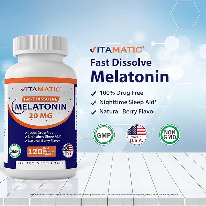 Vitamatic Melatonin 20 mg Tablets | Vegetarian, Non-GMO, Gluten Free | HIGH Potency 20 MG | Natural Berry Flavor 120 Tablets