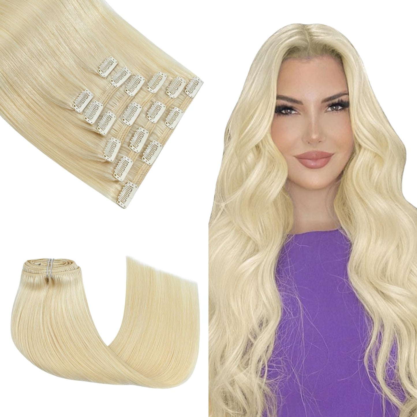 Honsoo Clip In Hair Extensions Real Human Hair Platinum Blonde 120G 7Pcs 18Inch Human Hair Extensions No Shedding No Tangling So
