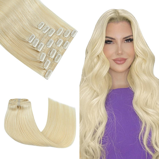 Honsoo Clip In Hair Extensions Real Human Hair Platinum Blonde 120G 7Pcs 18Inch Human Hair Extensions No Shedding No Tangling So