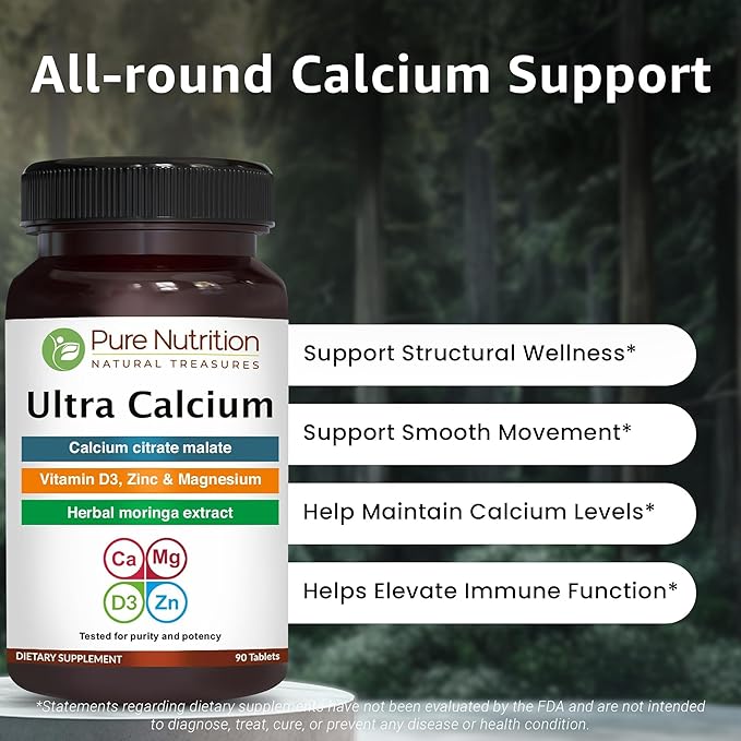 Pure Nutrition Ultra Calcium 1000mg with VIT D3 + K2 | 270 Tabs (90 X Pack of 3) | Highly absorbable Calcium Supplement with Calcium Citrate Malate, VIT D3, K2, Moringa Oleifera, Magnesium and Zinc.