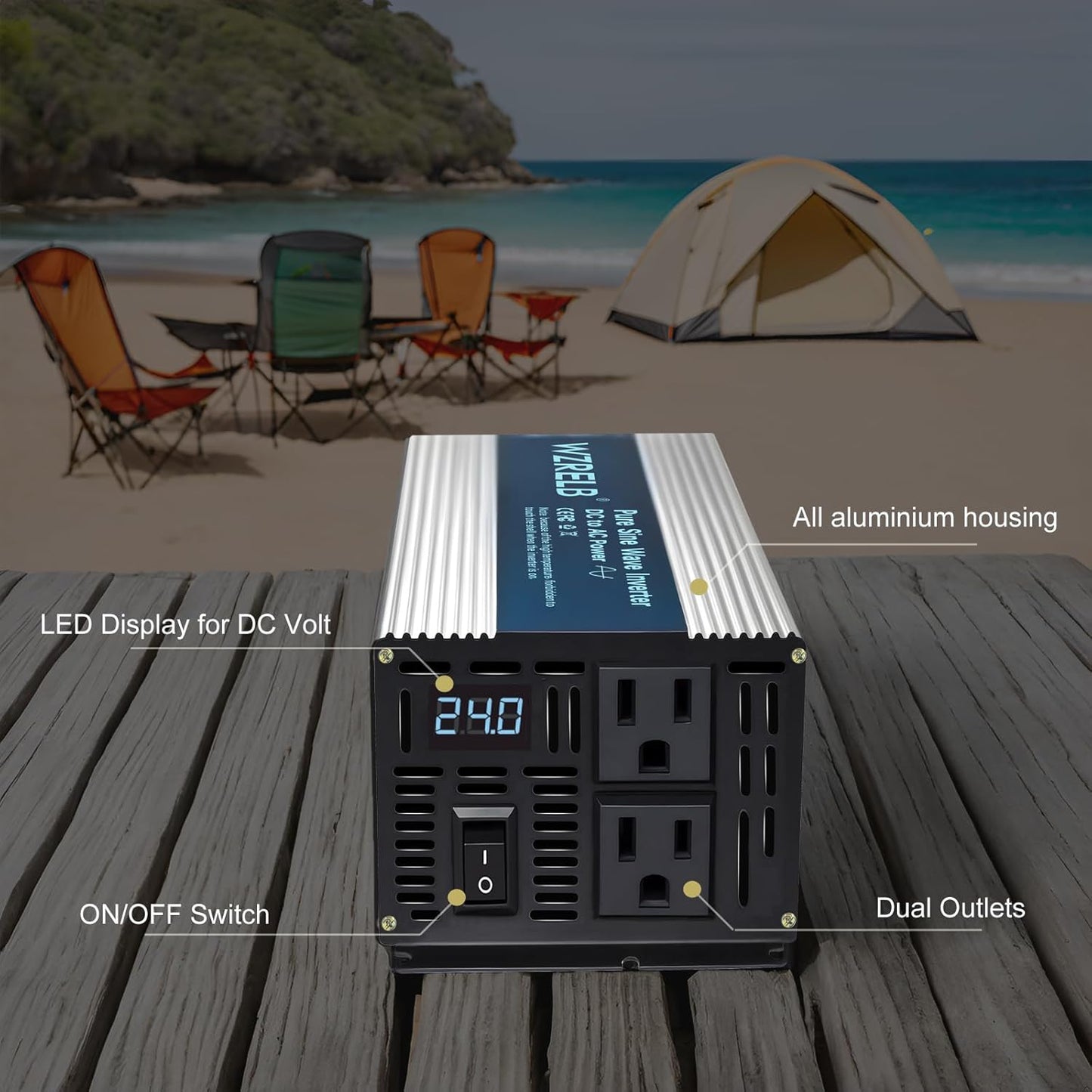 WZRELB 800W Pure Sine Wave Inverter 24V DC to 110V 120V AC,Car Power Inverter with Dual AC Outlets, LED Display,Off-Grid Portable Power Converter for Home, RV, Truck, Camping