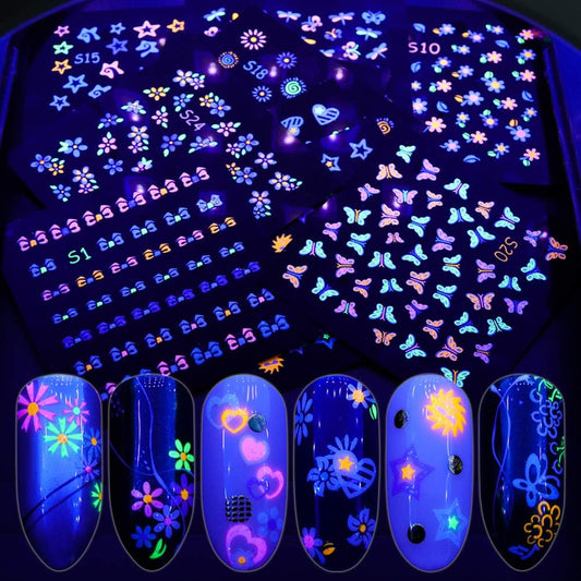 Ebanku 24Sheets Fluorescence Nail Art Stickers Decals 3D Self-Adhesive Butterfly Flower Love Fruits Pattern Diy Decoration Tools