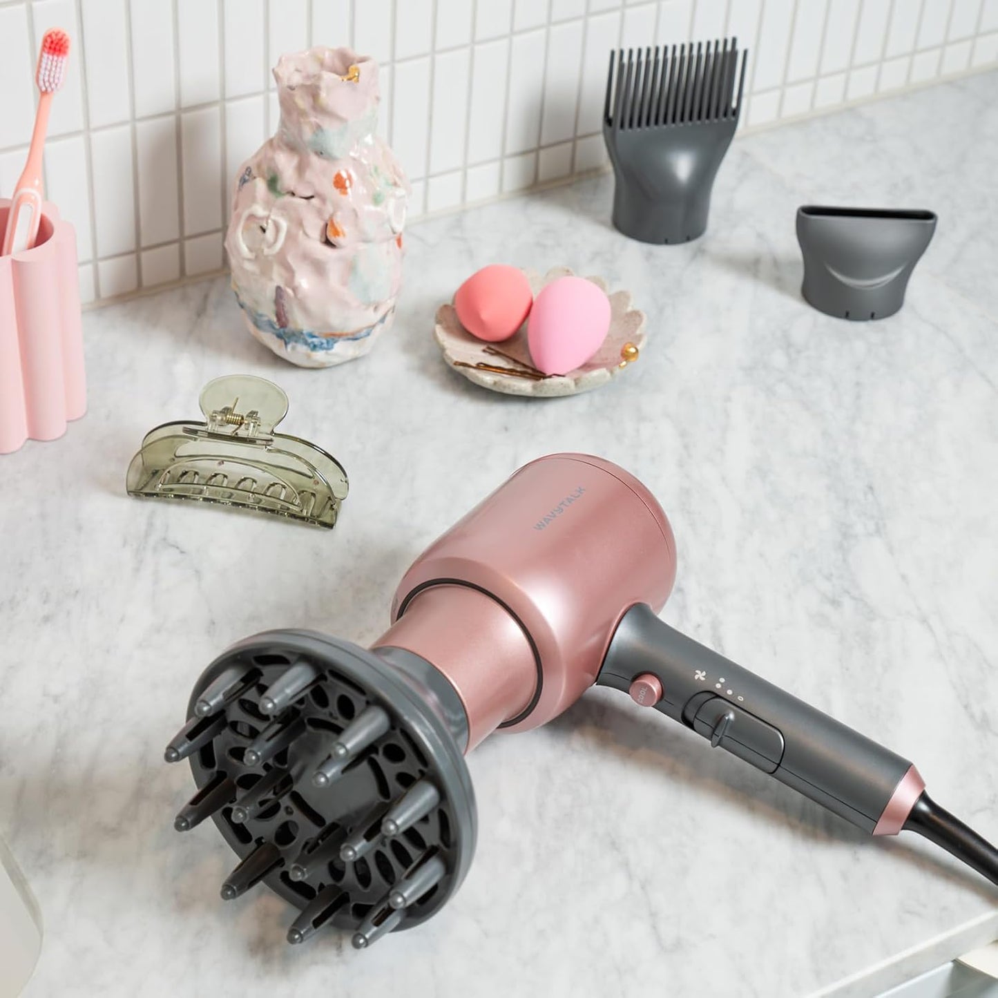 Ionic Hair Dryer for Curly Hair | 1875W Fast Drying | Diffuser & Attachments | Rose Gold