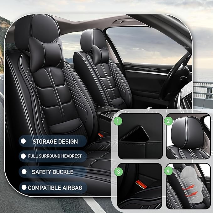 Leather Car Seat Covers Fit for Toyota Corolla 1997-2024, 5 Seater Car Seat Cover, Premium Waterproof, Scratch Resistant Car Interior Accessories (Full Set with Pillow Black)