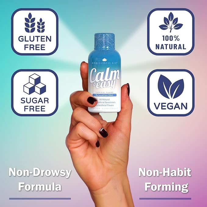 Calm & Easy - Natural Stress Relief Shot, KSM-66 Ashwagandha, Suntheanine L Theanine, Calming Adaptogen Drink, Relaxation, Focus, and Mood | 2 oz Liquid Bottle (12 Pack)