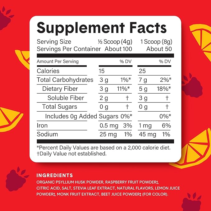 Bellway Super Fiber Powder + Fruit, Sugar Free Organic Psyllium Husk Powder Fiber Supplement for Regularity, Bloating Relief & Gut Health, Non-GMO, Plant-Based, Raspberry Lemon (50 Servings)