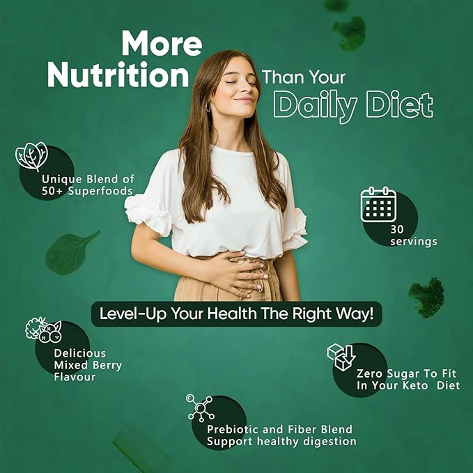 Super Greens Powder, 50+ Superfoods Blend, No Sugar, Fiber, Fruits, Vegetables, Spirulina, Chlorella, Mushrooms, Antioxidants, Prebiotics & Probiotics, Digestive Enzymes (9.52 OZ, Mixd Berry)