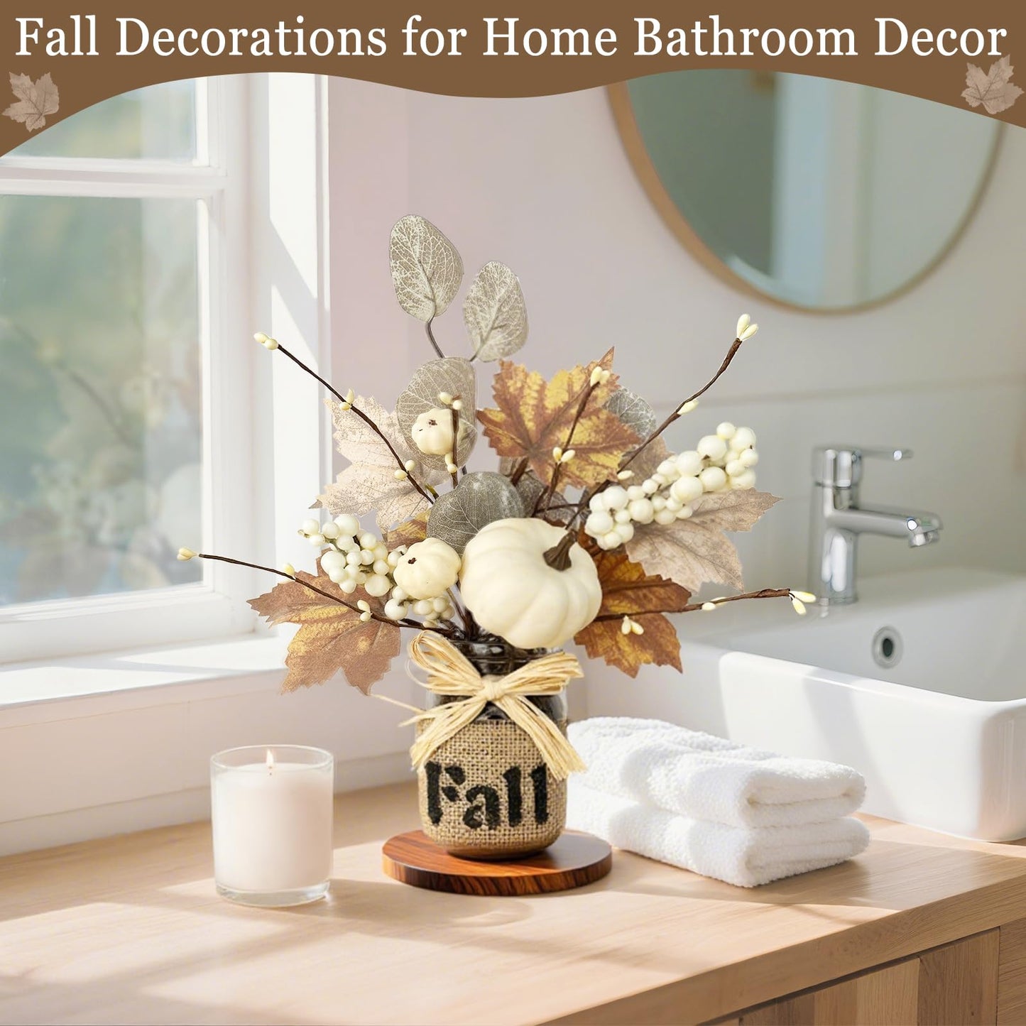 2 Pack 13.5 Inch Fall Decorations for Home Fall Table Centerpieces with 20 LED Lights Timer, Mason Jar with Maple Leafed Pumpkins Berried for Fall Thanksgiving Dining Table Decor Coffee Table Bathroom