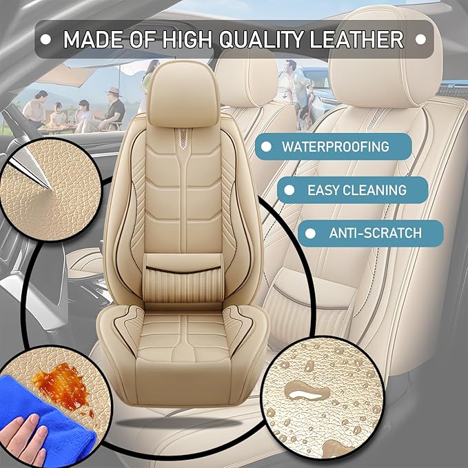 Leather Car Seat Covers Fit for Toyota Tundra 2000-2024, 5 Seater Car Seat Cover, Premium Waterproof, Scratch Resistant Car Interior Accessories (Full Set Beige)