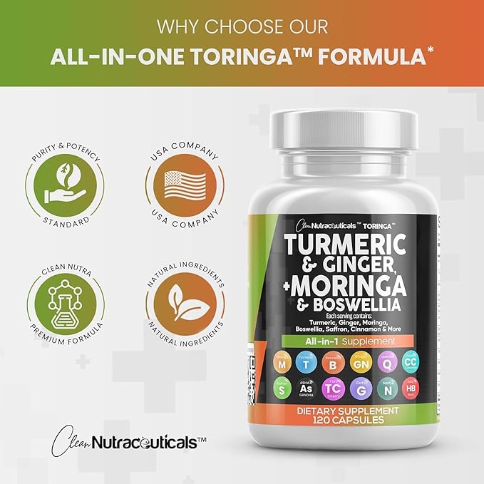 Turmeric Moringa Supplement | Ginger Boswellia Saffron - Supplement for Women and Men with Ceylon Cinnamon, Tart Cherry, Quercetin Garlic Nettle Holy Basil - 3Pack